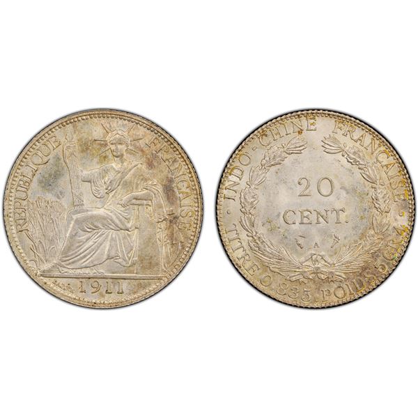 FRENCH INDOCHINA: French Colony, AR 20 centimes, 1911-A, PCGS MS63