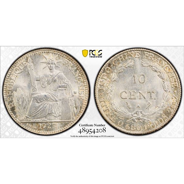 FRENCH INDOCHINA: French Colony, AR 10 centimes, 1927-A, PCGS MS67