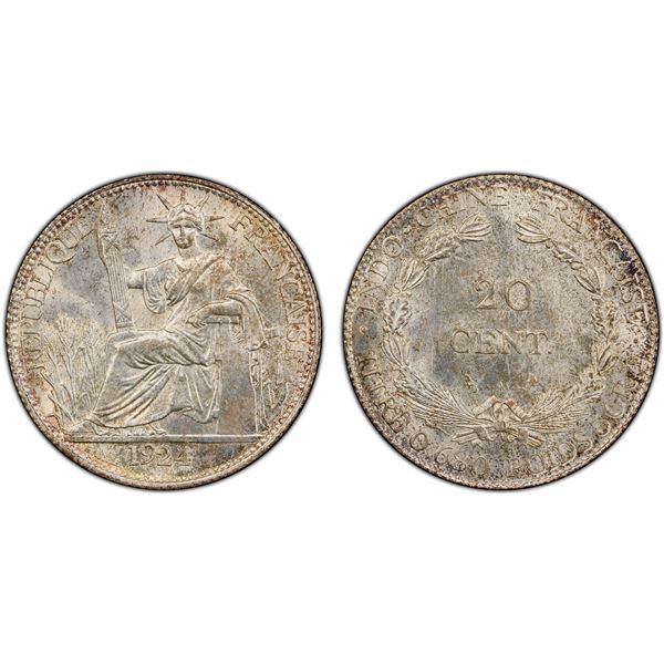 FRENCH INDOCHINA: French Colony, AR 20 centimes, 1923-A, PCGS MS66