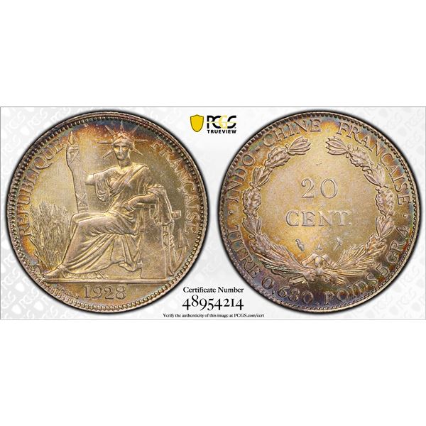 FRENCH INDOCHINA: French Colony, AR 20 centimes, 1928-A, PCGS UNC details