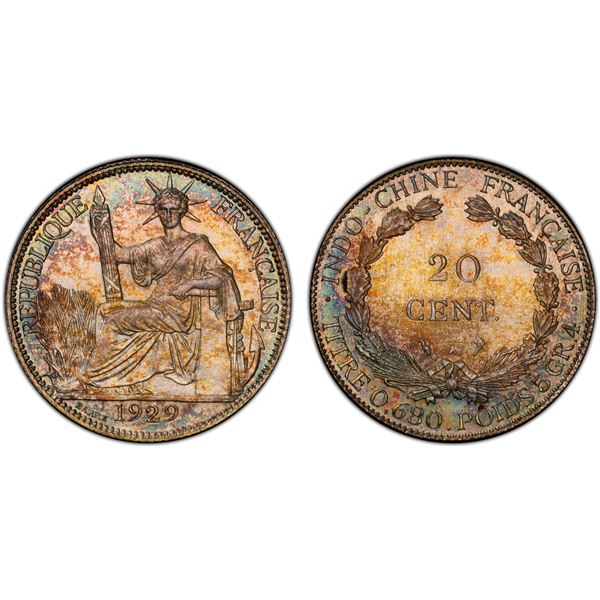 FRENCH INDOCHINA: French Colony, AR 20 centimes, 1929-A, PCGS MS65