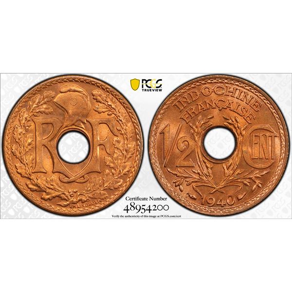 FRENCH INDOCHINA: French Colony, AE 1/2 centime, 1940, PCGS MS66 RD