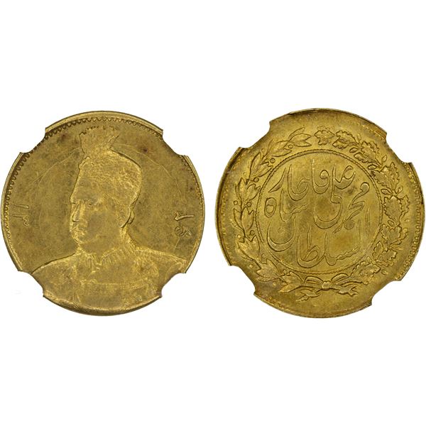 IRAN: Muhammad Ali Shah, 1907-1909, AV 5000 dinars, Tehran, AH1362 (engraver's error for 1326), NGC
