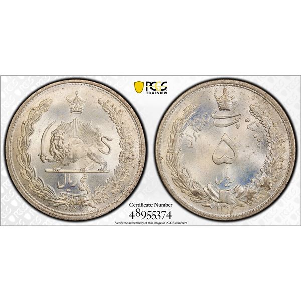 IRAN: Reza Shah, 1925-1941, AR 5 rials, SH1313/2, PCGS MS65