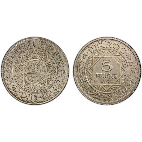 MOROCCO: Mohammed V, 1927-1962, AR 5 francs, AH1347, PCGS Specimen 64