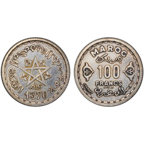 MOROCCO: Mohammad V, 1927-1962, AR 100 francs, 1951/AH1370, PCGS Specimen 62
