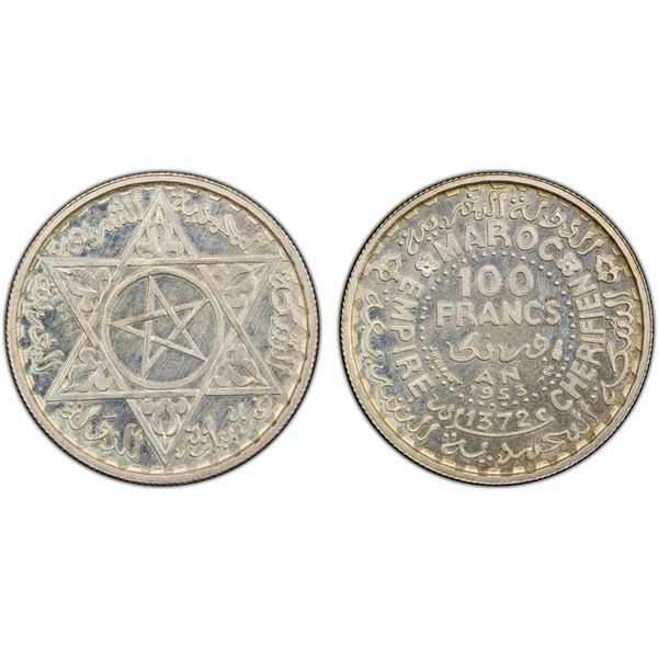 MOROCCO: Mohammad V, 1927-1962, AR 100 francs, 1953/AH1372, PCGS Specimen 65
