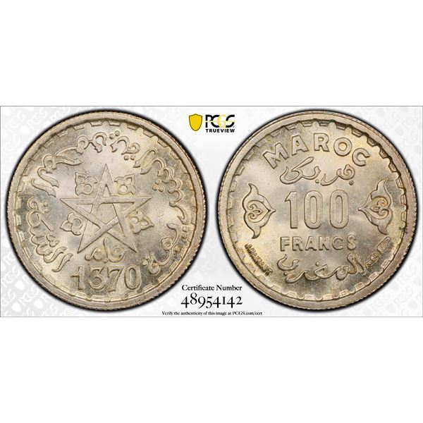 MOROCCO: Mohammad V, 1927-1962, AR 100 francs, 1951/AH1370, PCGS MS66