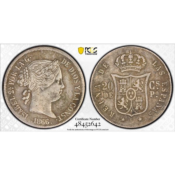 PHILIPPINES: Isabel II, 1833-1868, AR 20 centavos, 1866, PCGS VF35