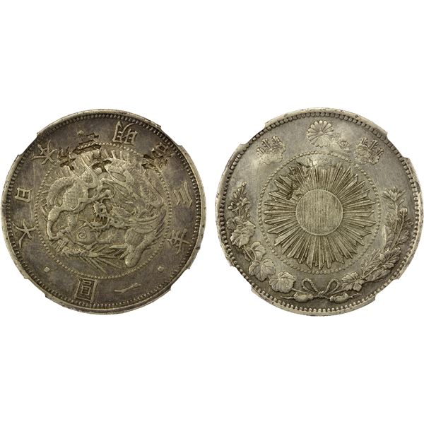 CHINESE CHOPMARKS: JAPAN: Meiji, 1868-1912, AR yen, year 3 (1870), NGC XF details