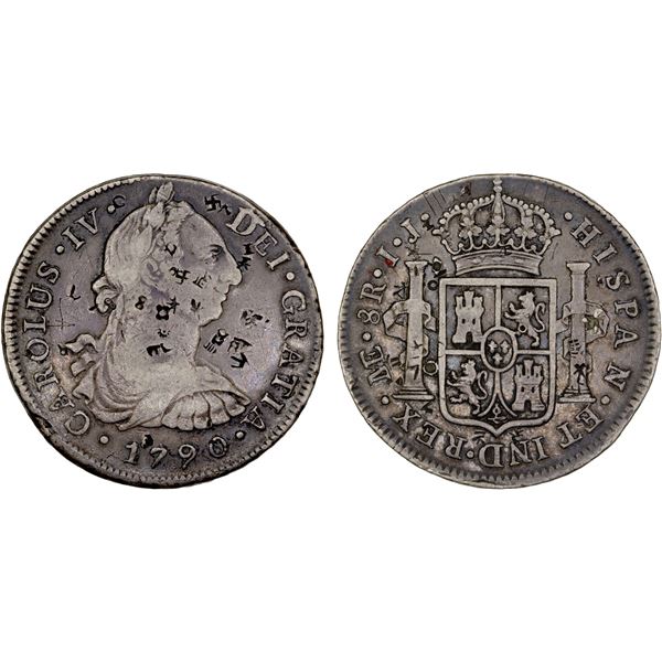 CHINESE CHOPMARKS: PERU: Carlos IV, 1788-1808, AR 8 reales, Lima, 1790-LIMAE, VF