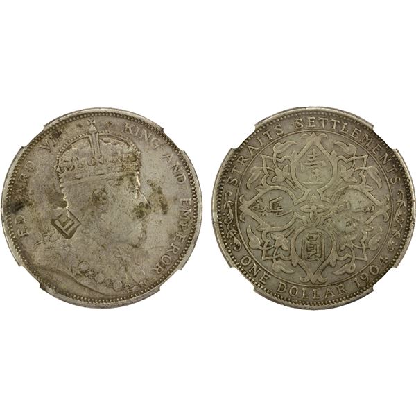 CHINESE CHOPMARKS: STRAITS SETTLEMENTS: Edward VII, 1901-1910, AR dollar, 1904-B, NGC XF details