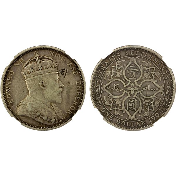 CHINESE CHOPMARKS: STRAITS SETTLEMENTS: Edward VII, 1901-1910, AR dollar, 1904-B, NGC VF details