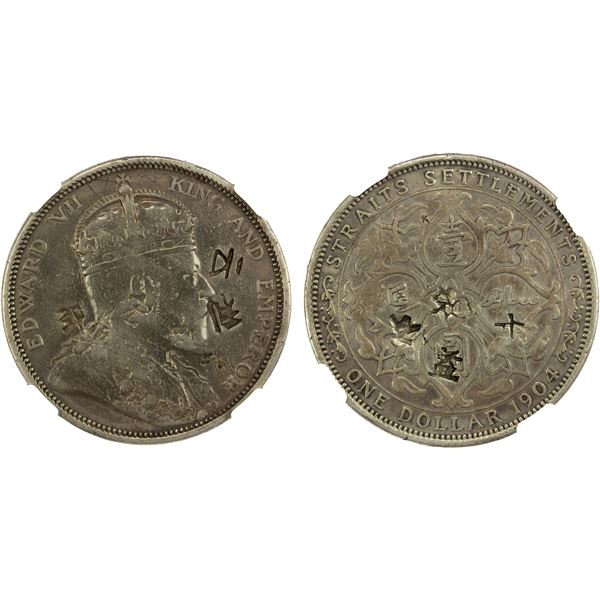 CHINESE CHOPMARKS: STRAITS SETTLEMENTS: Edward VII, 1901-1910, AR dollar, 1904-B, NGC VF details