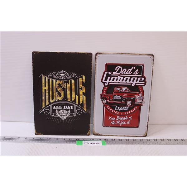 (2) Metal Signs: Hustle & Dad's Garage - 8" x 12"