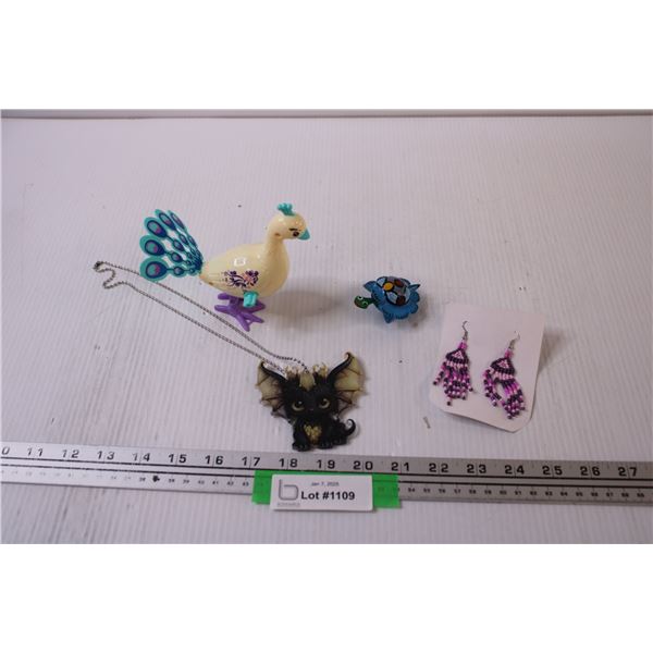 Beaded Earrings, Bobbing Turtle, Peacock Wind-Up Toy, Dragon Necklace