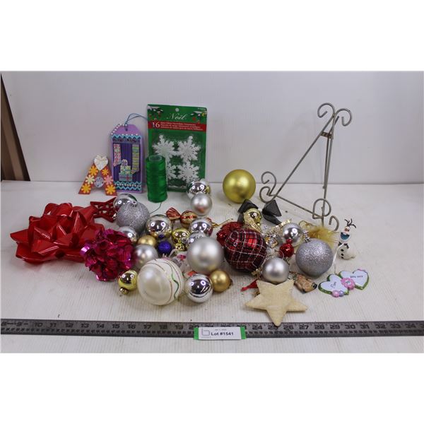 Assorted Christmas Decor (Tree Ornaments, Metal Picture Stand, Misc.)