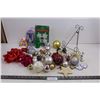 Image 1 : Assorted Christmas Decor (Tree Ornaments, Metal Picture Stand, Misc.)