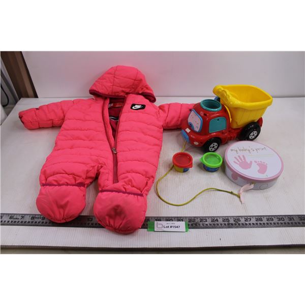 Baby Winter Onesie Coat Size 65 -70 cm., "My Baby's Print" Clay Mold (NIB), Toy Dump Truck, Play-Doh