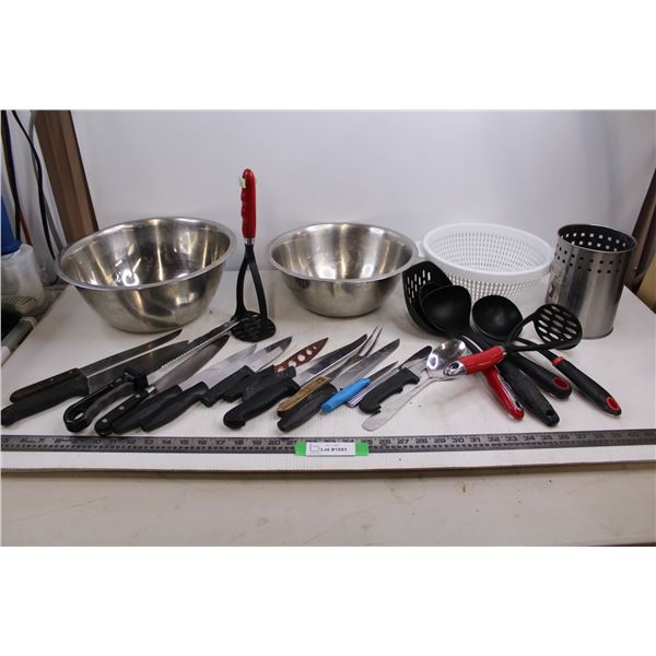 Assorted Kitchen Utensils (Knives, Ladles, Potato Mashers), Mixing Bowls, Plastic Colander