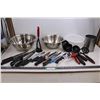 Image 1 : Assorted Kitchen Utensils (Knives, Ladles, Potato Mashers), Mixing Bowls, Plastic Colander