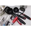 Image 2 : Assorted Kitchen Utensils (Knives, Ladles, Potato Mashers), Mixing Bowls, Plastic Colander