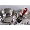 Image 4 : Assorted Kitchen Utensils (Knives, Ladles, Potato Mashers), Mixing Bowls, Plastic Colander