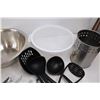 Image 5 : Assorted Kitchen Utensils (Knives, Ladles, Potato Mashers), Mixing Bowls, Plastic Colander