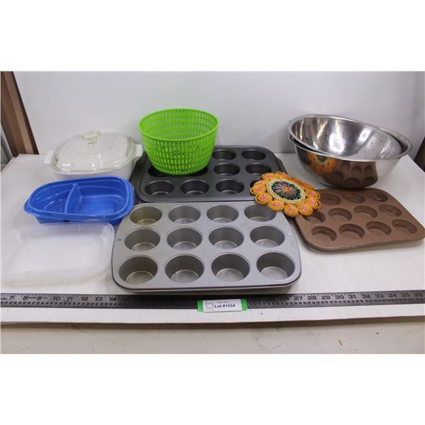(3) Muffin Tins, Mixing Bowl, Colander, Salad Spinner Insert, Corning Ware Casserole Dish With Lid, 