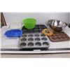Image 1 : (3) Muffin Tins, Mixing Bowl, Colander, Salad Spinner Insert, Corning Ware Casserole Dish With Lid, 