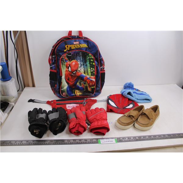 Heys Spider-Man Back Pack, (2) Pairs Children's Gloves, (2) Children's Toques, Pair of Children's Pl