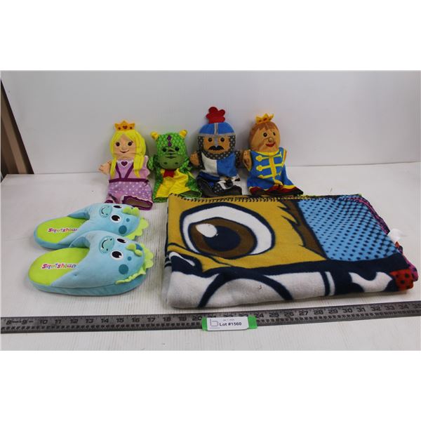 Puppies Themed Blanket 100" x 68", Pair Squishland Children's Slippers, Set of 4 Hand Puppets