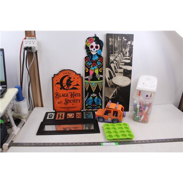 (5) Wall Decor Items (Halloween, Mexican, Paris Cafe, Home, mirror), Toy Car, Sesame Street Ice Cube