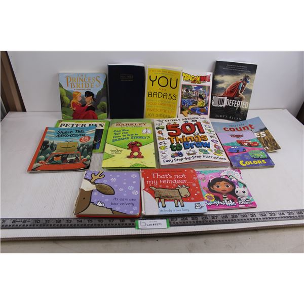 Assorted Children's Books (501 Things To Draw, Dragon ball, Cars), Holy Bible KJV