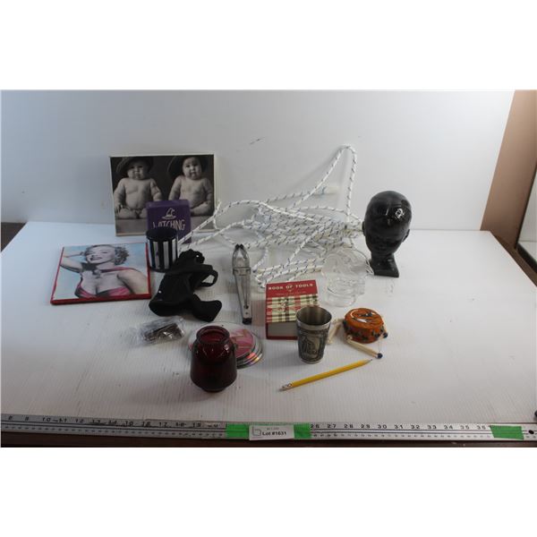 Rope, Tongs, Book of Tools, Ceramic Bust, Marylin Monroe Wall Decor, Audio CDs and Misc.