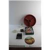 Image 1 : Divided Wicker Basket, Christmas Ornaments, Circular Saw Blade Art, Candle Holder and Musical Box
