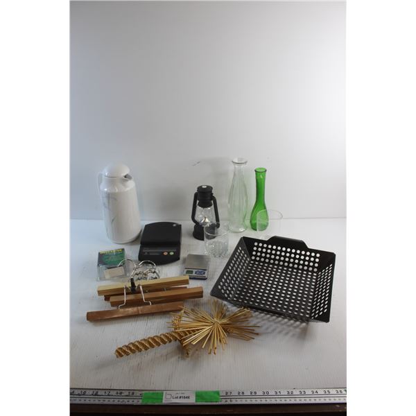 Coffee Pitcher, Hangers, Scales, Weed Eater Replacement Spool, Vases, Cups, Lantern and Misc.