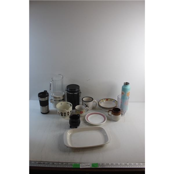 (2) Cannisters, Water Bottle, Mugs, Bowls, Plates, Pitcher and Microwave Dish