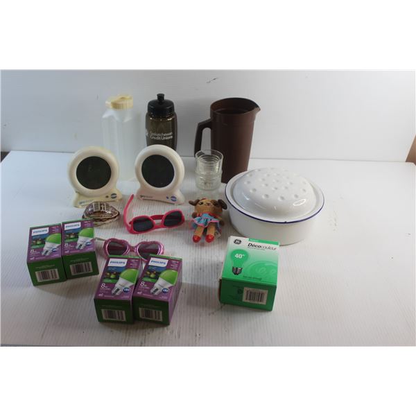 Water Bottles, Pitcher, Light Bulbs, Sunglasses, Cups and Groclock Clocks