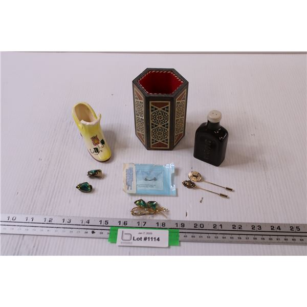 Watkins Salt Shaker, Clip-On Earrings, Brooch, (2) Hat Pins, Wood Make-up Brush Holder, Victorian Ce