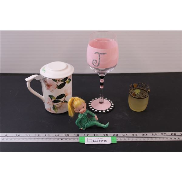 Tea Brewing Mug, "J" Wine Glass, Girl Ceramic Figurine, Tea Light Candle Holder