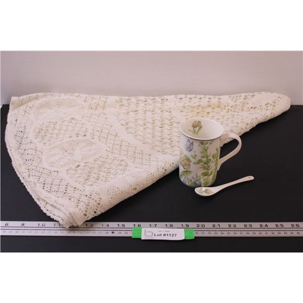 Round Crochet Tablecloth - Approx 52" Diameter & Butterfly Tea Mug w/Spoon Set