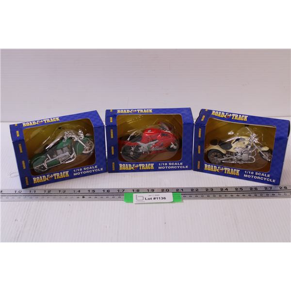 (3) Road & Track Die Cast Motorcycle Models - 1:18 Scale - (1) Kawasaki (1) BMW (1) Indian - NIB