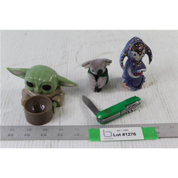 Roughriders Pocket Knife, Baby Yoda Candle Holder, Koala, Ceramic Figure