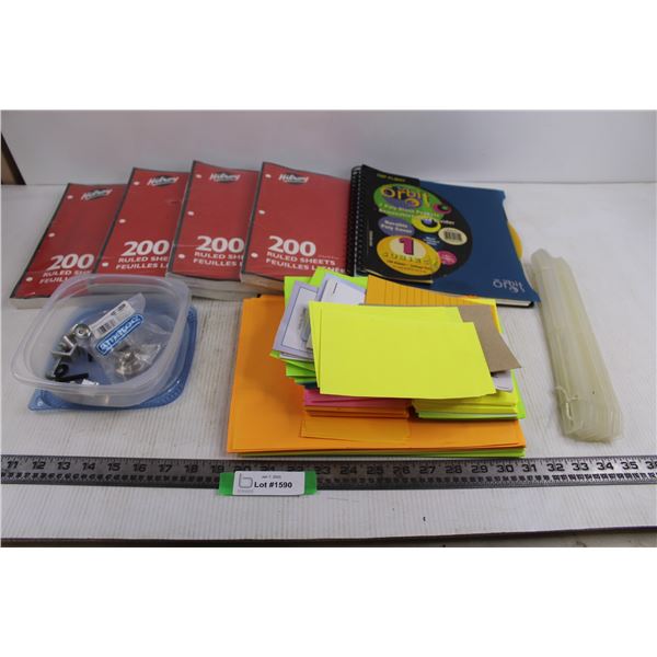 (4) Hilroy 200 Page Ruled Sheets (NIB), Orbit Binder, Assorted Colored Paper, Misc.)