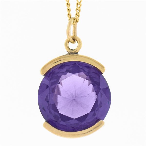 Vintage 14K Gold 15.8mm Round Alexandrite Channel Set Solitaire Pendant w/ Chain