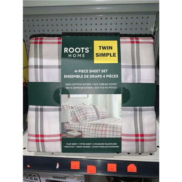 Roots Twin 4pc Sheet Set 300 Thread Count, Cotton Sateen, Flat, Fitted, 2 Standard Pillowcases