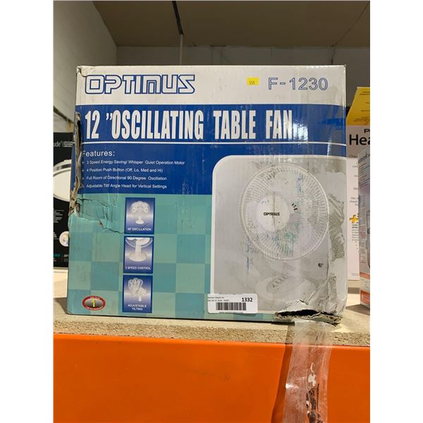 Optimus 12in Oscillating Table Fan, 3 speed energy saving operation, 4 buttons, tilt and Oscillation