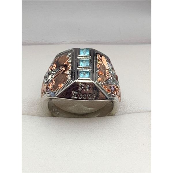Gents .925 Silver Aqua Topaz Copper Inset dress ring