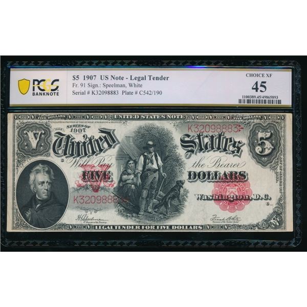 1907 $5 Legal Tender Note PCGS 45